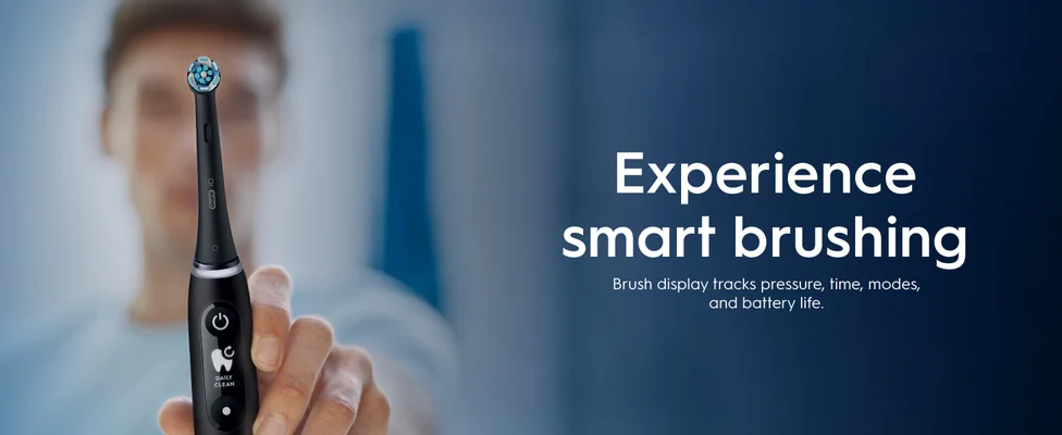 A black smart toothbrush with a display that tracks brushing pressure, time, modes, and battery life.