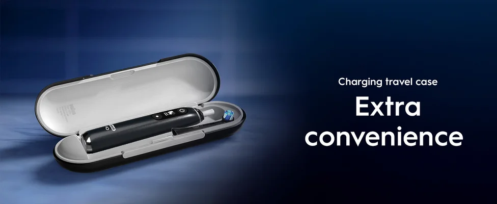 A black iO9 toothbrush on the left in the charging travel case