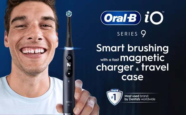 An Oral-B iO Series 9 electric toothbrush with a man smiling on the left and holding a black Oral-B iO9 toothbrush with a no.1 dentist claim