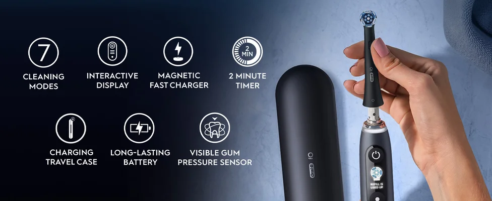 A hand detaches the head from a toothbrush on the right with 7 feature icons on the left