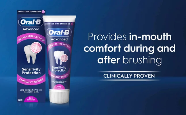 Stannous fluoride & active calm agents protect sensitive teeth with a protective shield.