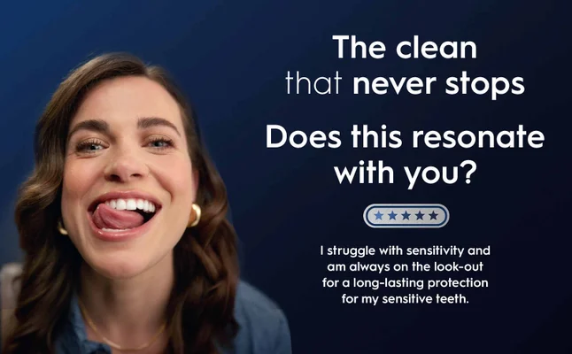 Text reads 'The clean that never stops' next to a smiling woman.