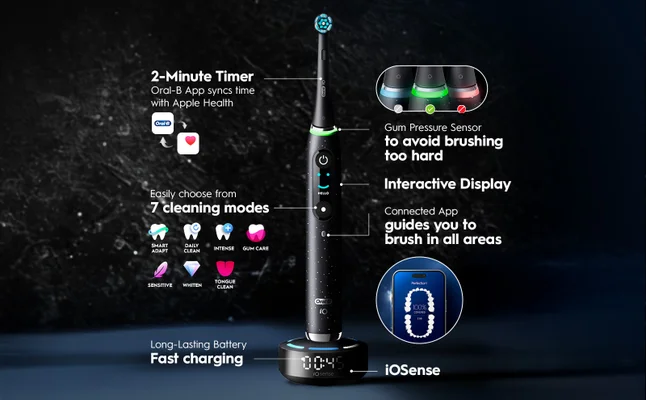 Oral-B electric toothbrush featuring 2-minute timer, gum pressure sensor and interactive display
