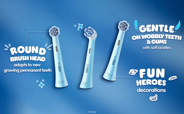 Toothbrush heads featuring benefits such as gentle on wobbly teeth and gums