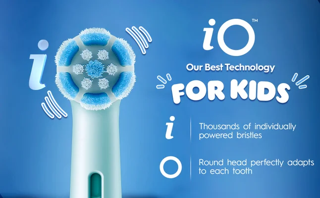 iO toothbrush head with circular blue bristles showcasing advanced cleaning technology features