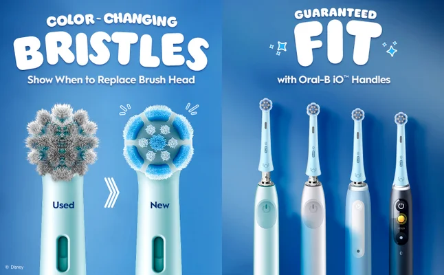 Image showing toothbrush features, color-changing bristles show when to replace brush head and guaranteed fit with Oral-B iO handles.