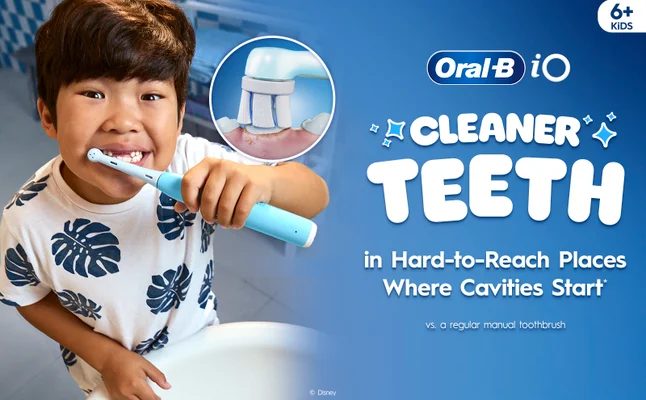 A smiling kid using Oral-B iO Kids 6+, and a close-up of the electric toothbrush on teeth.