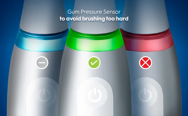 Toothbrushes indicating pressure: low (blue), correct (green), high (red)