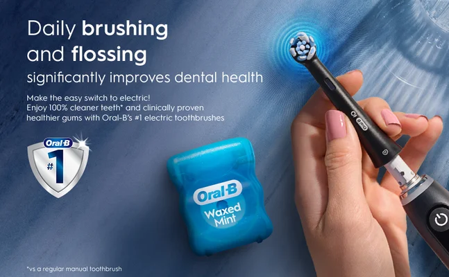 Oral-B electric toothbrush and mint floss promoting daily dental care for healthier teeth and gums