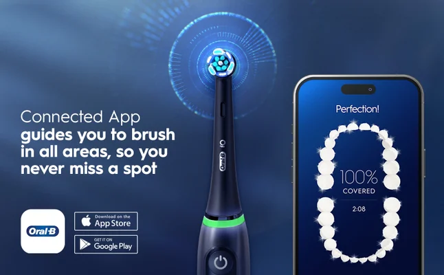 Oral-B smart toothbrush with app showing 100% brushing coverage on smartphone screen