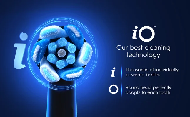 iO toothbrush with blue round head and text highlighting advanced cleaning technology