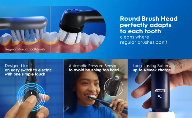 Comparison showing round brush head adapting to teeth better than regular manual toothbrush