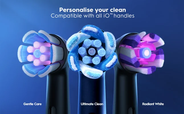 Three iO™ toothbrush heads: Gentle Care, Ultimate Clean and Radiant White
