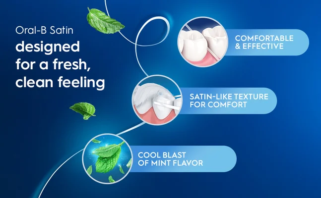 Oral-B Satin dental product featuring comfortable texture, fresh mint flavor, and effective cleaning