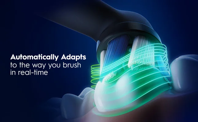 Smart toothbrush with green illumination showing adaptive real-time brushing technology.