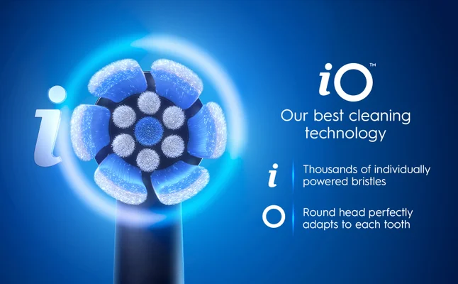 iO toothbrush head with circular blue bristles showcasing advanced cleaning technology features.