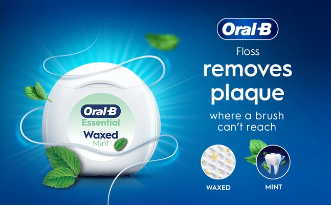 Oral-B Essential Waxed Mint floss removes plaque where brushing can't reach.
