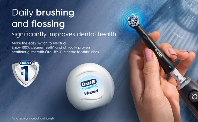 Hand with Oral-B toothbrush, dental floss container, and text about daily oral hygiene.
