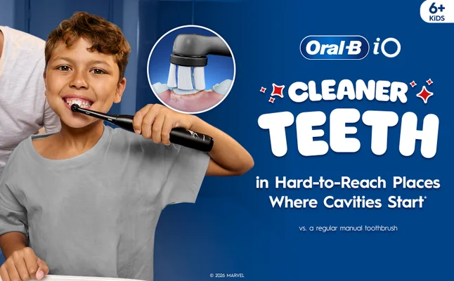 A smiling kid using Oral-B iO Kids 6+, and a close-up of the electric toothbrush on teeth.