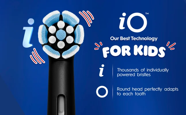 iO toothbrush head with circular blue bristles showcasing advanced cleaning technology features