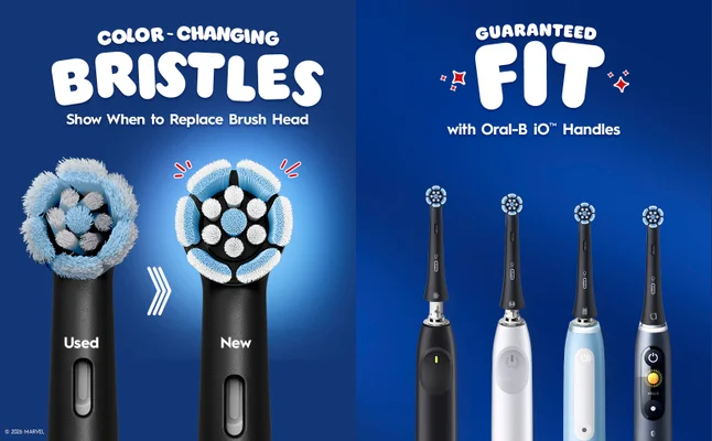 Image showing toothbrush features, color-changing bristles show when to replace brush head and guaranteed fit with Oral-B iO handles.