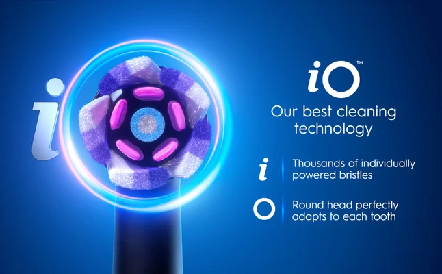 iO toothbrush head with circular blue bristles showcasing advanced cleaning technology features