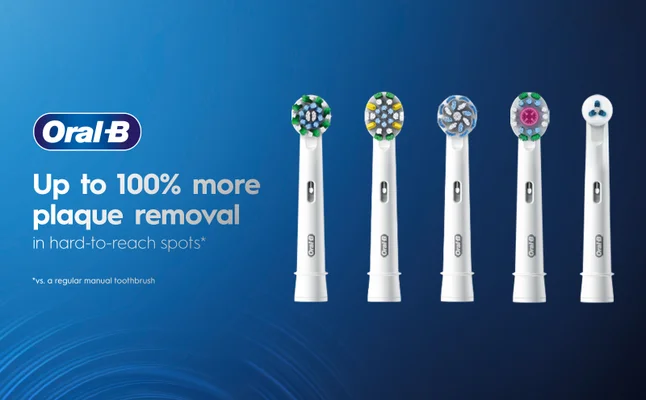 Five different Oral-B brush heads with text about plaque removal on the left.
