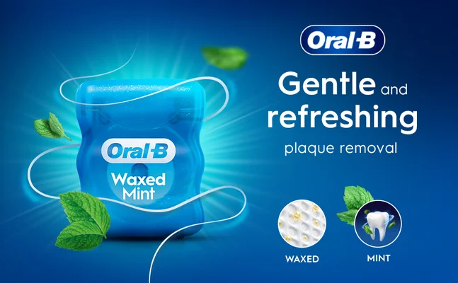 Oral-B Waxed Mint dental floss with gentle and refreshing plaque removal benefits