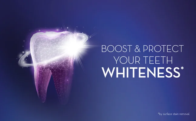 An illustration of a glowing tooth on a blue background with the text BOOST & PROTECT YOUR TEETH WHITENESS* *by surface stain removal.