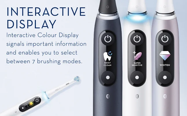 Interactive display. Interactive colour Display signals important information and enables you to select between 5 brushing modes.