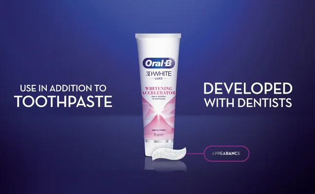 Image shows an Oral-B 3D White Luxe Whitening Accelerator tube with toothpaste squeezed out and surrounding text USE IN ADDITION TO TOOTHPASTE, DEVELOPED WITH DENTISTS, APPEARANCE, and on the tube Oral-B 3D WHITE LUXE WHITENING ACCELERATOR Use in addition to toothpaste ENAMEL SAFE TOOTHPASTE 75 ml e.