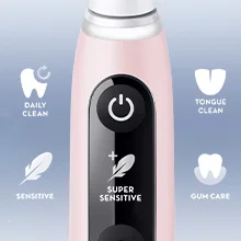 Oral-B toothbrush highlighting multiple cleaning modes: daily clean, tongue clean, sensitive, super sensitive, and gum care.