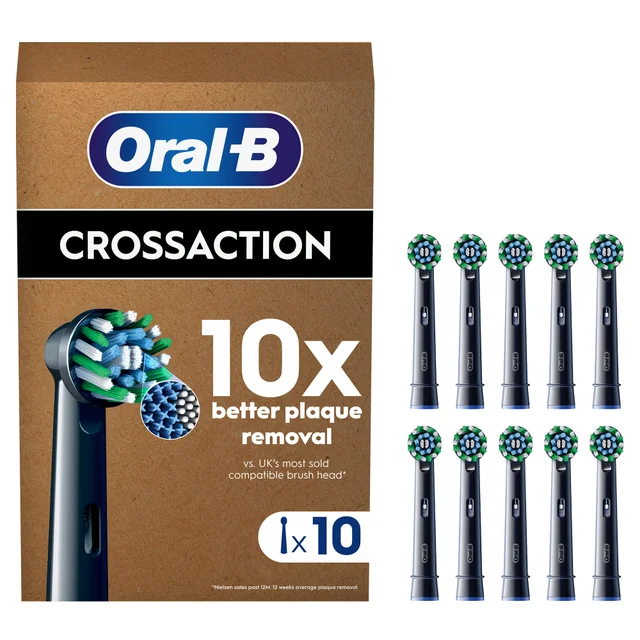 Oral-B CrossAction Toothbrush Head Black, CleanMaximiser Technology, 10 Counts, Mailbox Sized Pack
