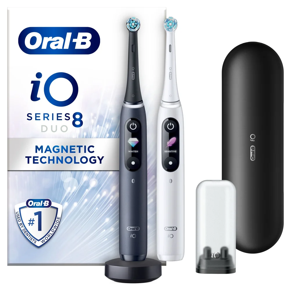 Oral-B iO8 Duo Pack of Two Electric Toothbrushes, White & Black Image 1