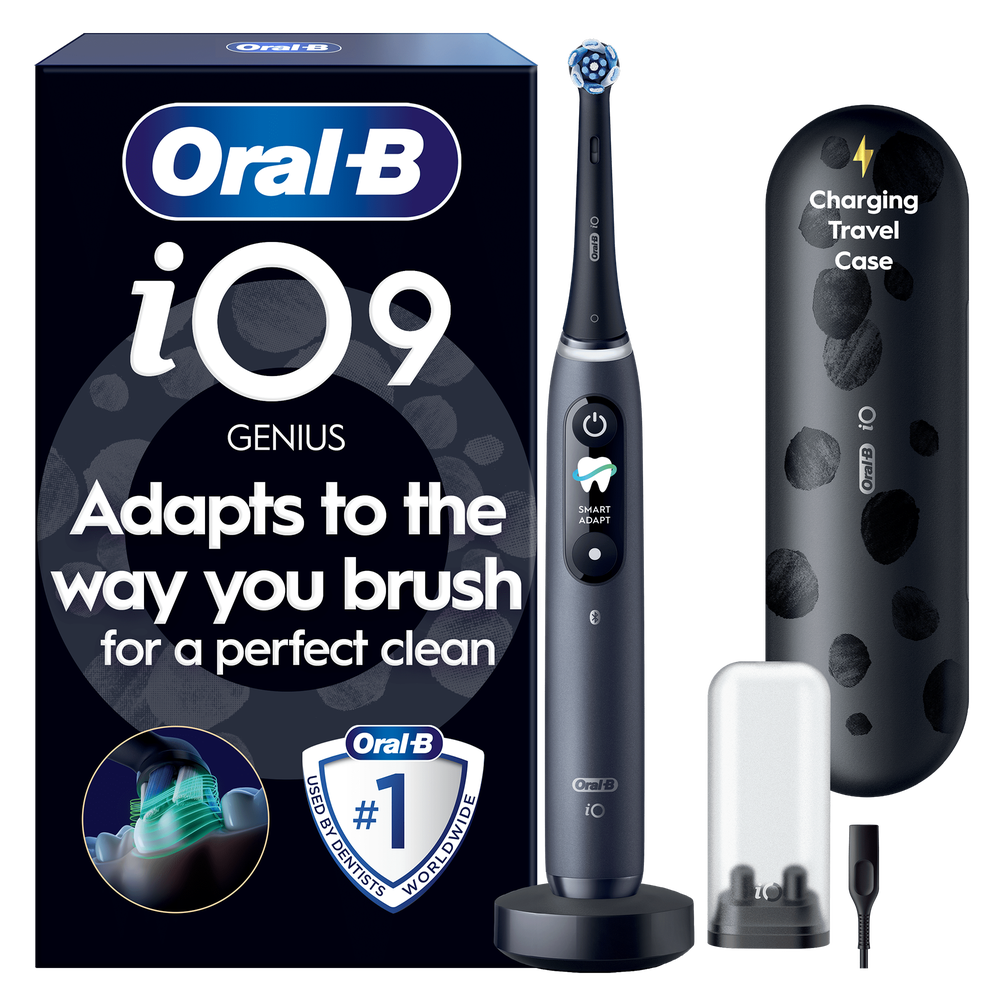 Oral-B iO9 Genius dual pack electric toothbrushes with charging travel case, highlighting Adapts to the way you brush for a perfect clean.