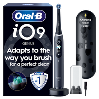 Oral-B iO9 Genius dual pack electric toothbrushes with charging travel case, highlighting Adapts to the way you brush for a perfect clean.