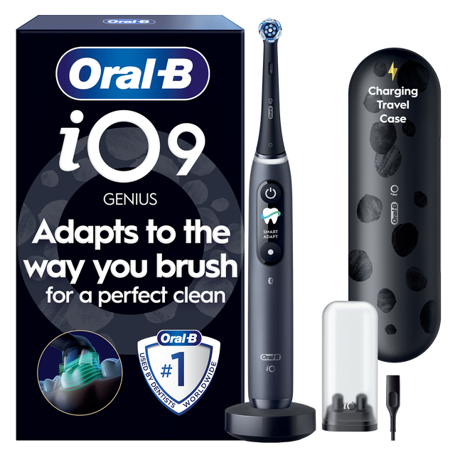 Oral-B iO9 Genius dual pack electric toothbrushes with charging travel case, highlighting Adapts to the way you brush for a perfect clean.