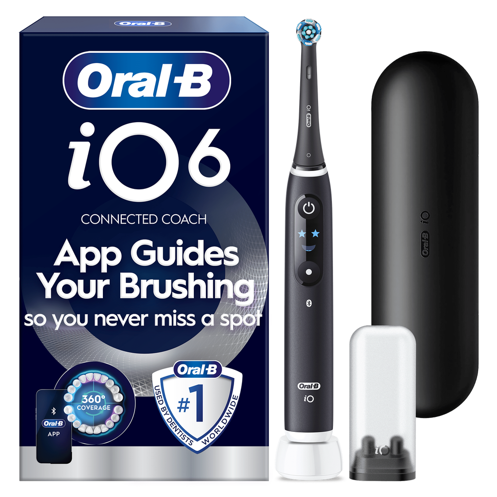Oral-B iO6 toothbrush packaging, highlighting App Guides Your Brushing so you never miss a spot.