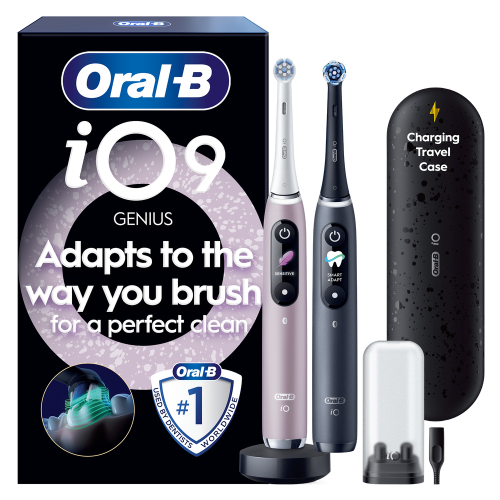 Oral-B iO9 electric toothbrush twin pack, with charging travel case and Adapts to the way you brush for a perfect clean claim.