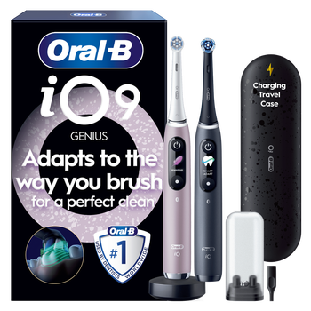 Oral-B iO9 Duo Pack of Two Electric Toothbrushes, Black Lava & Rose Quartz