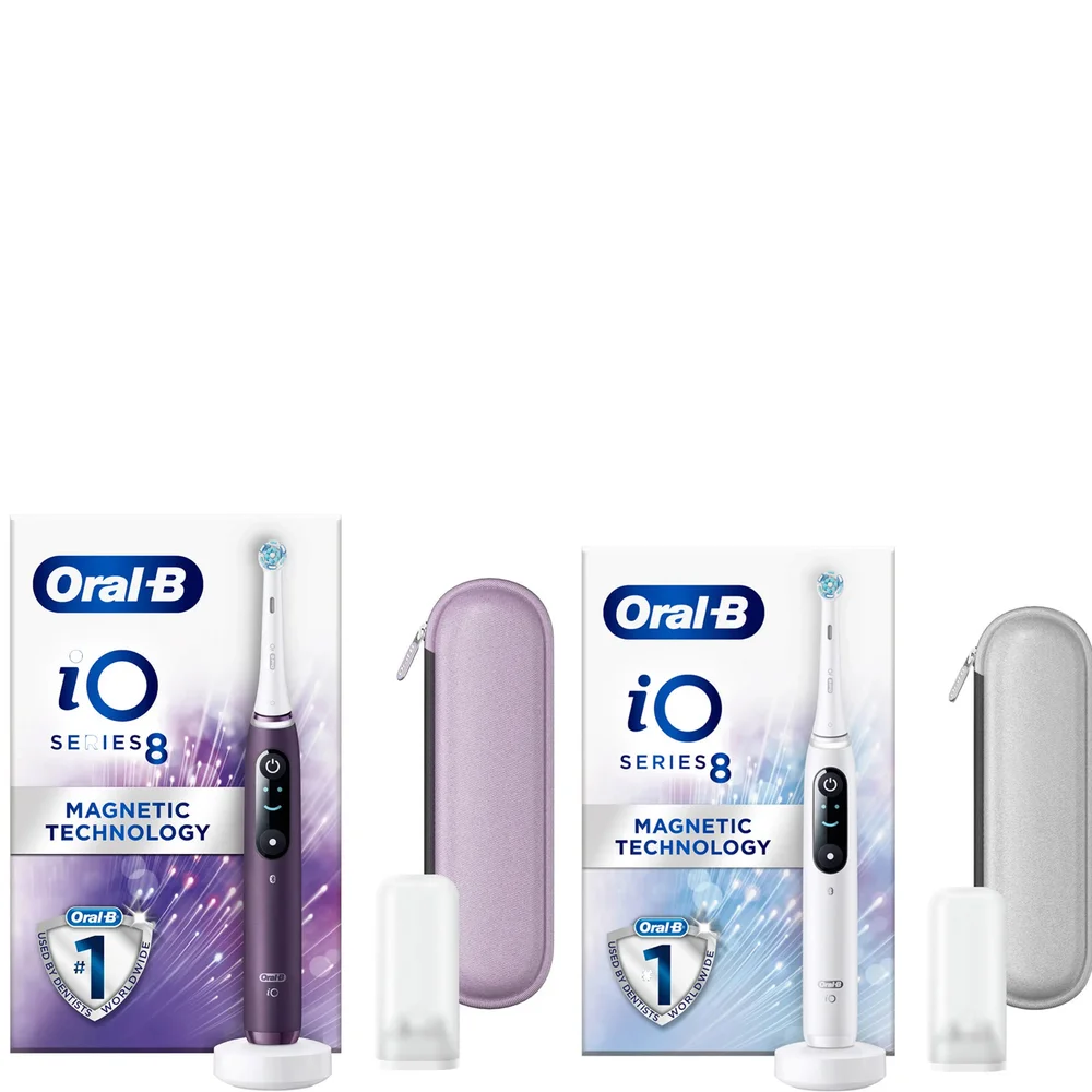 Oral B iO8 Duo Pack White & Violet Electric Toothbrush with Zipper Case Image 1