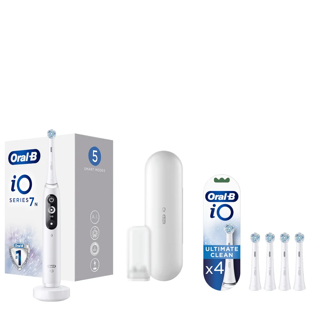 Oral B iO7 White Electric Toothbrush with Travel Case & Toothbrush Heads Bundle (Pack of 4) - White Image 1