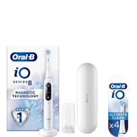 Oral B iO8 White Electric Toothbrush with Travel Case & Toothbrush Heads Bundle (Pack of 4) - White