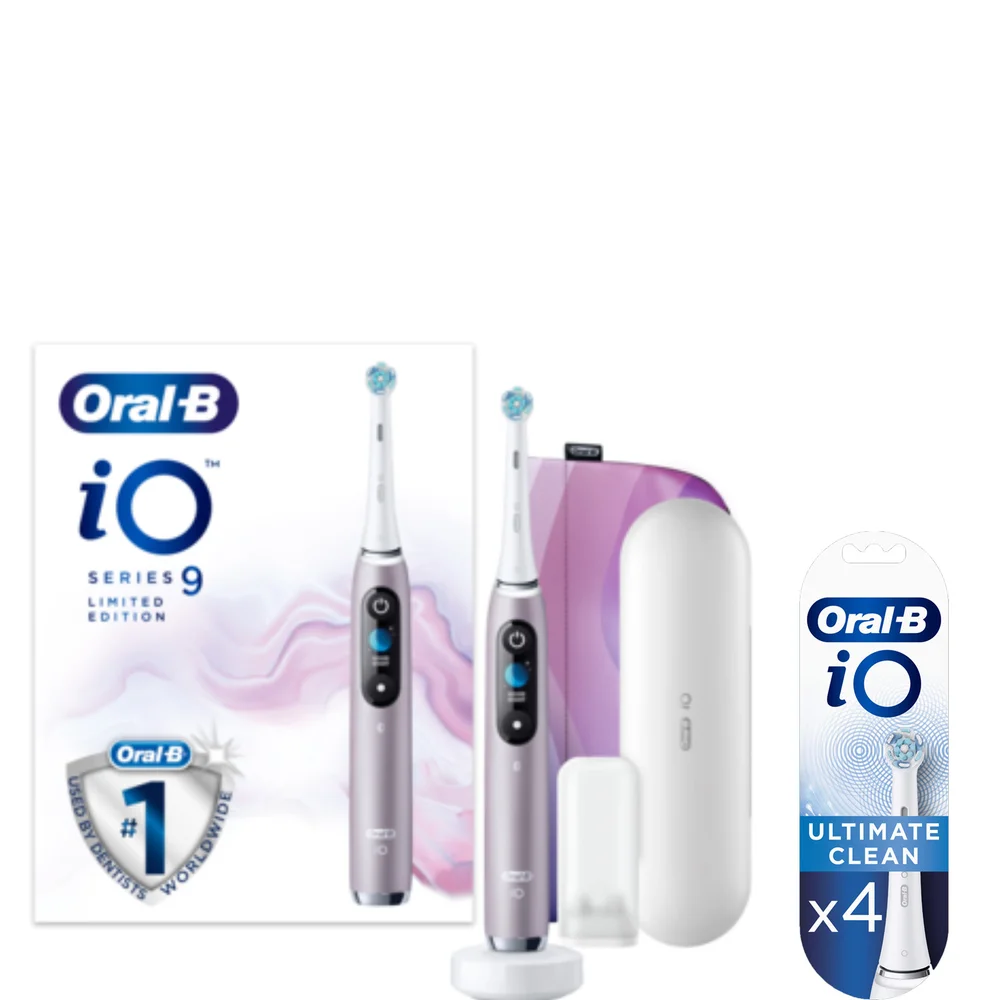 Oral B iO9 Rose Quartz Electric Toothbrush with Charging Travel Case, Magnetic Pouch & Toothbrush Heads Bundle - White Image 1