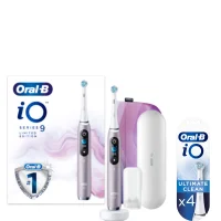 Oral B iO9 Rose Quartz Electric Toothbrush with Charging Travel Case, Magnetic Pouch & Toothbrush Heads Bundle - White