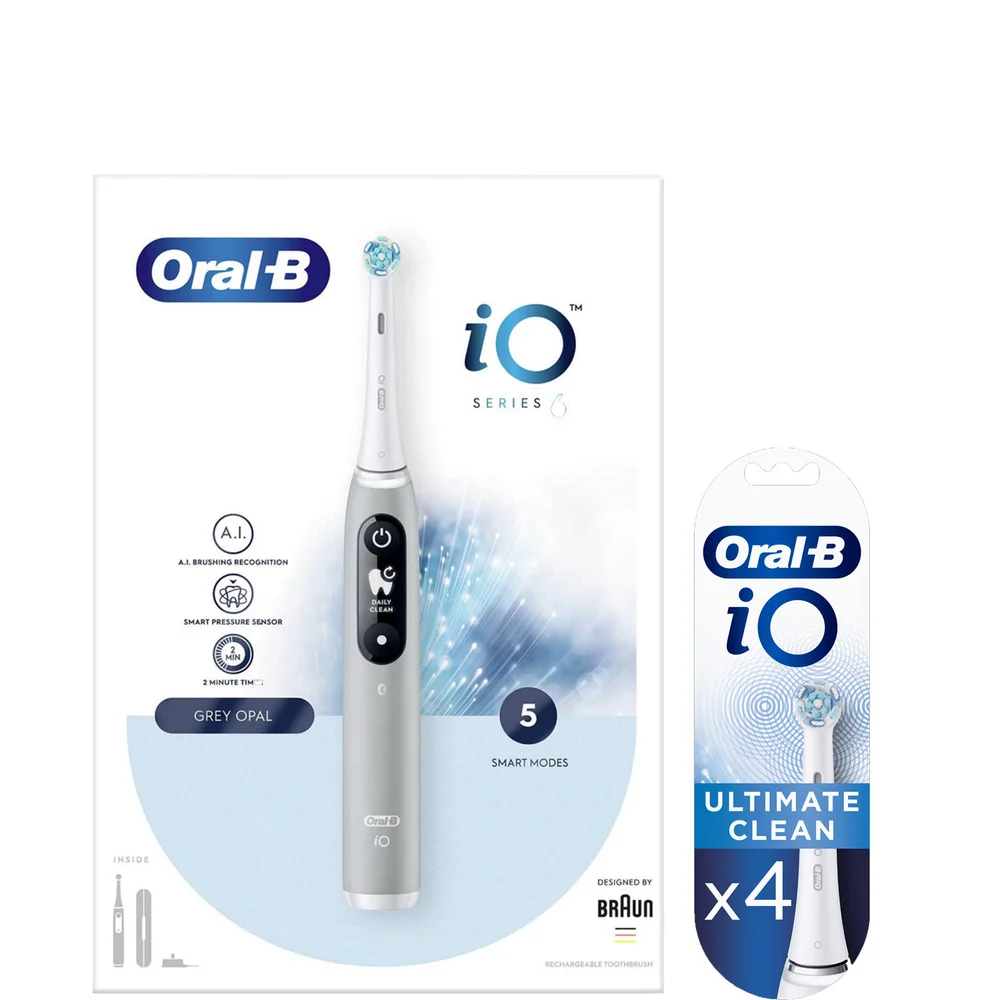 Oral B iO6 Grey Opal Electric Toothbrush with Travel Case & Toothbrush Heads Bundle (Pack of 4) - White Image 1