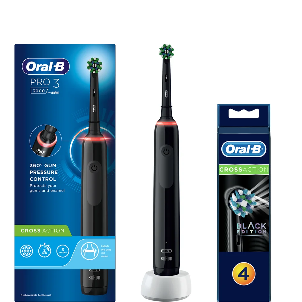 Oral B Pro 3 3000 Cross Action Black Electric Toothbrush & Toothbrush Heads Bundle (Pack of 4) - Black Image 1