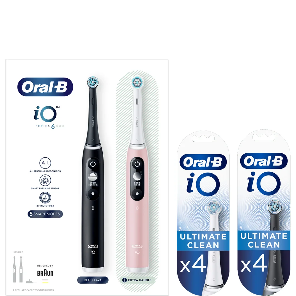 Oral B iO6 Duo Electric Toothbrushes, Black Lava & Pink Sand & Toothbrush Heads Bundle (Pack of 8) - Black & White Image 1