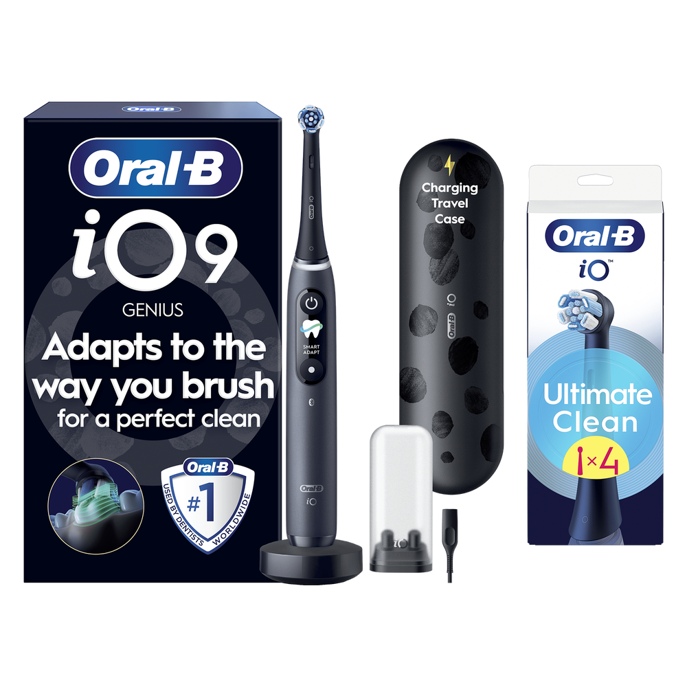 Oral B iO9 Black Onyx Electric Toothbrush with Charging Travel Case + 4 Brush Heads