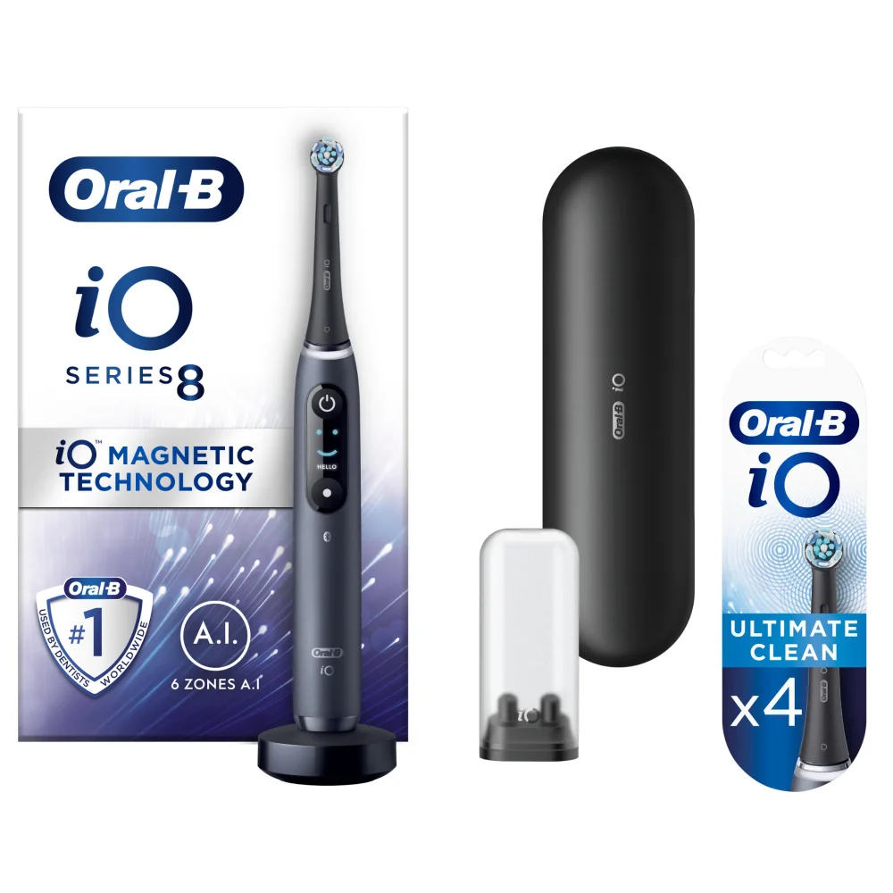 Oral-B iO8 Black Electric Toothbrush with Travel Case + 4 Refills Image 1
